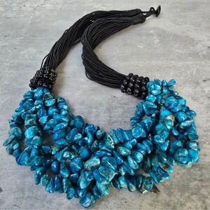 Turquoise Blue Stone Chip Multi Strand Statement Necklace Black Cord 20 Inch